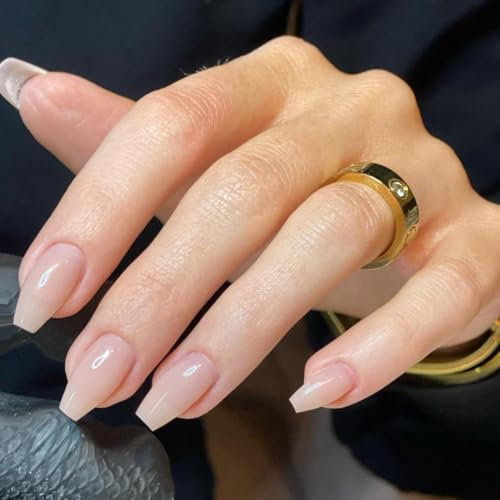 KQueenest Acrylic Press on Nails Short Medium Coffin, Nude False Nails Short Ballerina, Glossy Natural Solid Color Fake Nails Set, Reusable Gel Stick on Nail for Women Finger Daily Wear 24 Pcs