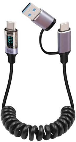 GELRHONR Coiled USB A/C to USB C Cable with LED Display, PD 100W Fast Charging 2 in 1 Rectactble Type C Charge Cord for Phones, Tablets, Power Bank and more