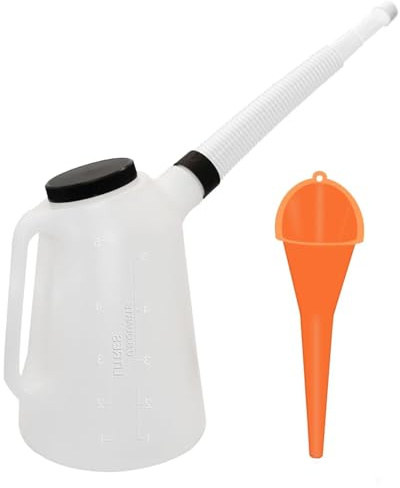 Carafe à huile de 5 litres, récipient de mesure d'huile automobile, mesures en plastique avec couvercle et bouchon distributeur avec entonnoirs à bec verseur pour vidange d'huile automobile
