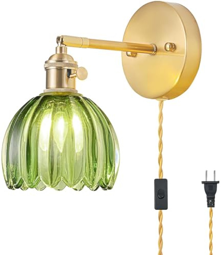 AoLa Applique murale vintage avec interrupteur, applique murale dorée réglable E27 à l'intérieur avec prise et câble lampe de lecture murale industrielle rétro avec abat-jour en verre vert,1 Stück