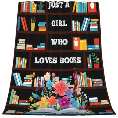GardEssere Just A Girl Who Loves Books Blanket Throw Reading Graduation Gifts for Girls Flannel Blankets Cartoon Bookshelf Warm Soft Lightweight Throws for Sofa Bedding for Women Kids 150x200 CM