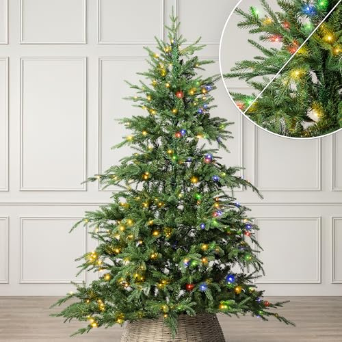 Christow Pre-Lit Nordmann Fir Christmas Tree, 7ft | Dual-Colour LED Lights, Warm White to Multi-Colour, 11 Light Modes – Colour Changing, PE & PVC Tips, Mains Powered with Timer