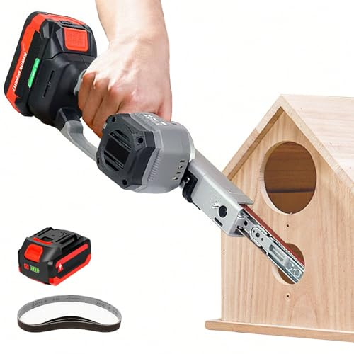 Ponceuse à Bande Électrique pour Bricolage, Meubles, Polissage Automobile, Ponceuse Manuelle Compacte 20V avec 5 Vitesses, Autonomie 30Min(4000mAh) & 3 Bandes Abrasives (80/120/180) 1Battery