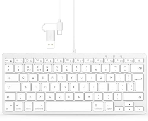 TECURS Wired Keyboard for Mac, QWERTY UK Layout Mini Keyboard for Mac OS with USB A and Type C 2-in-1 Connector for Apple iMac, MacBook Pro/Air, Mac Pro, Mac Mini, Silver White