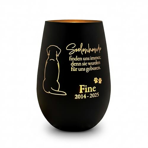Trauerlicht Hund personalisiert aus Glas – Windlicht mit Hunderasse und Gravur von Name, Spruch & Lebensdaten – Gedenklicht, Erinnerung, Seelenhund, Tiertrauer (Schwarz-Gold)