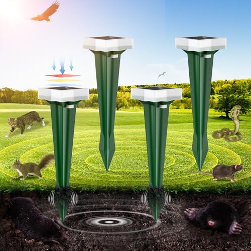 Ahuyentador de Topos, 3 Modos de Vibración Ahuyentador de Ratas con Luz LED, Solar y Impermeable Ultrasónico de Plagas, Topos y Serpientes, per Césped, Patio y Jardín (4, Verde)