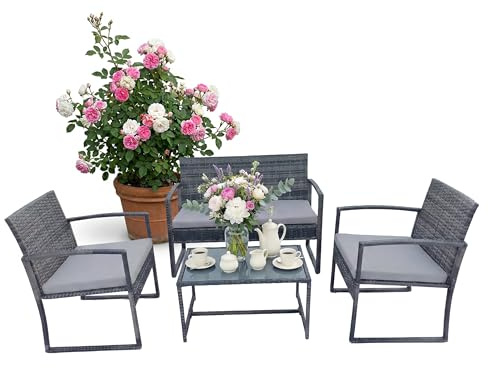 Relaxdays Gartenmöbel Set, 4-TLG. Rattan Sitzgruppe, 4 Personen, Bank, Stühle & Glastisch, Loungemöbel, Outdoor, grau