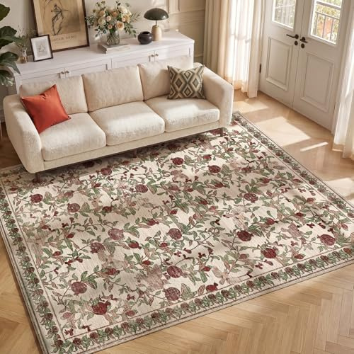 TOPICK Vintage floral waschbar Teppich Wohnzimmer Blume 160x220 Rot Beige | Kurzflor Teppich rutschfest Schlafzimme faltenfrei cottagecore faltbar dünn antirutschunterlage Carpet Living Room Bedroom
