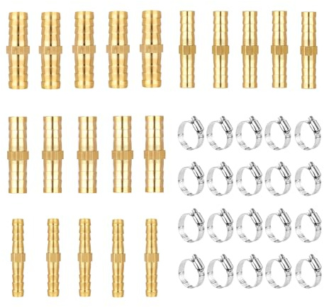 20 Stück Schlauchverbinder Messing Set Schlauch Verbindungsstück | Benzinschlauch Verbinder 6/8/10/12mm mit 20 Schlauchschellen Kraftstoffleitung Verbinder für Wasserleitung Luftleitung