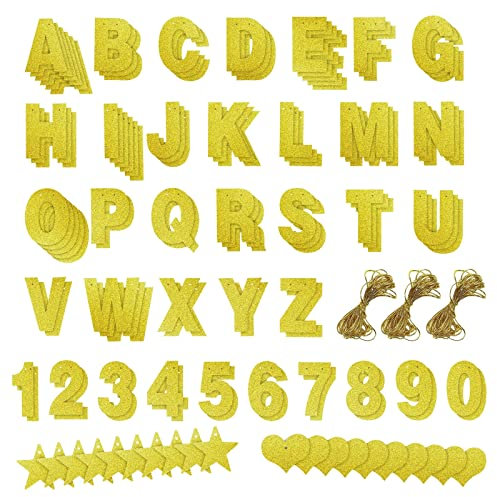 BLUE PANDA Gold Glitter Custom Banner Set Including Letters, Numbers and Symbols, Birthday, Wedding, Party Decoration, 121 Total Pieces