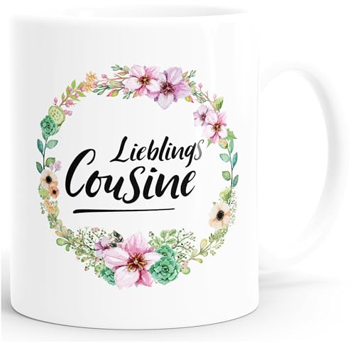 MoonWorks Kaffee-Tasse Geschenk-Tasse für Cousine Lieblingscousine Blumen Bordüre Blumenranke Blüten Familie Weiss unisize