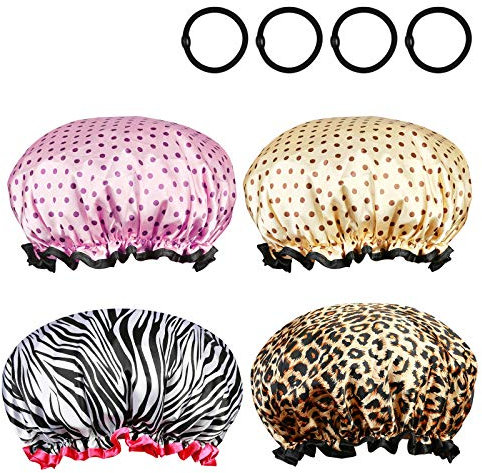 ZoomSky 4pcs Gorro de Ducha Sombrero de baño Impermeable de Gorro elástico para Pelo Largo y Grueso con 4 Gomas de Pelo