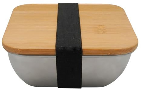 Fackelmann 684081 Lunchbox pour micro-ondes en inox 600ml, Boite repas pour le midi, Acier inoxydable, Couvercle en bambou, 13x13cm
