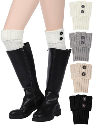Pangda 4 Pairs Boot Cuffs for Women Short Boot Socks Cuff Buttons Boot Topper Cable Knit Winter Leg Warmers