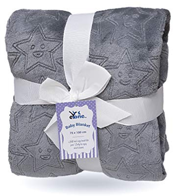 eYone Baby Blanket 75×100 cm - Soft Embossed Fleece - Star Pattern - Lightweight Baby Blanket - Pram, Cot & Stroller - Unisex Gift - Dark Grey