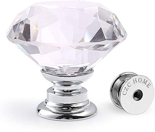 CZC HOME Schubladenknöpfe 10 Stück 30mm Diamant Geschliffene Kristallglas mit Schrauben in 3 Verschiedenen Längen, Griffe für Schränke Transparent-Silber