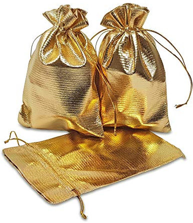 Frau WunderVoll® 12 Geschenksäckchen Gold 15 x 10 cm Adventskalender Säckchen Metallic Stoffbeutel zum Basteln und befüllen Gastgeschenk Hochzeit