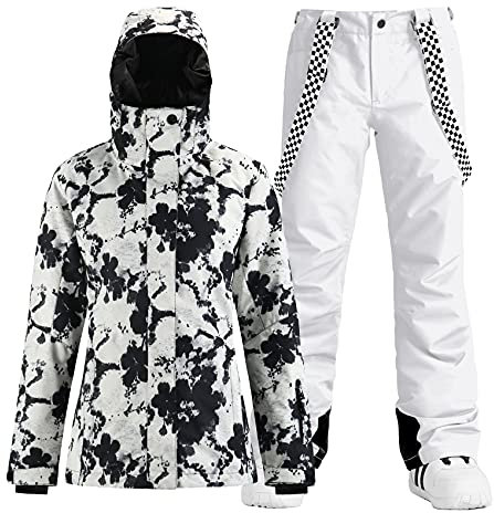 GSOU SNOW Damen Skijacken und Hosen Snowboarden Schneeanzug Mantel Warm Kapuze Wasserdicht Winddicht Isoliert, Schwarz Weiß, L