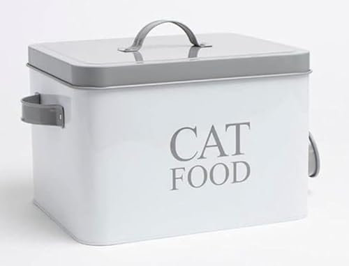Container Cat Food Storage Tin With Scoop Dimensions: H17.5 X L25 X W20 cm White, With 2 Carry Handles For Easy Lifting, Keeping Food Fresh, Dry And Tidy