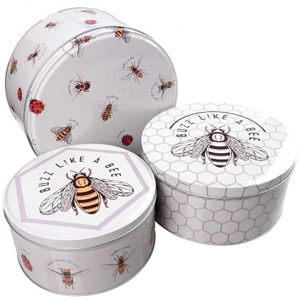 SiXsigma Sports Set of 3 Round Nesting Cake Storage Tins - Airtight Containers for Cakes, Biscuits & Sweets Large, Medium & Small Sizes - Perfect Mothers Day Gifts For Kitchen (MT-BEE-CTS)