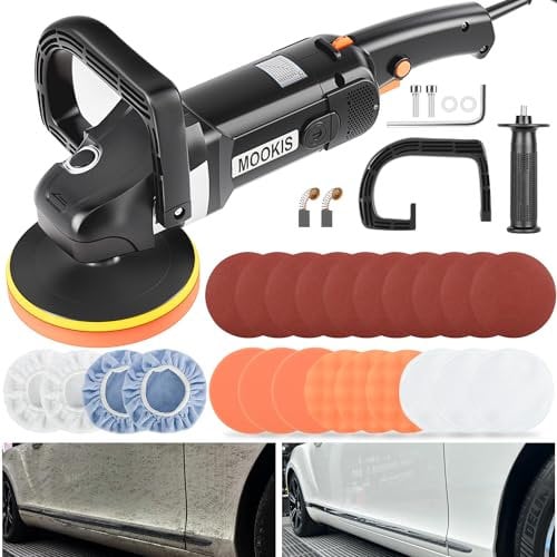 Mookis 1400 W Car Polisher, 8 Variable Speeds, 600-3600 RPM, Car Buffer Polisher Machine with 13PCS 6-Inch/150 mm Polish Pads for Car Waxing and Polishing Care