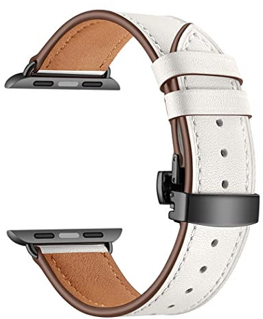 Correa de cuero para Apple Watch Band 45mm 44mm 42mm 49mm Correa de cuero genuino Pulsera de repuesto para iwatch Ultra Series 8 7 6 SE 5 4 3 2 1, Botón Negro Blanco