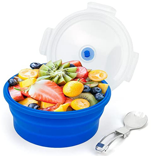 Lunbengo 1200ml Large Collapsible Lunch Bowl, Silicone Food Container with Foldable 2 in1 Fork and Spoon, Space Saving Camping Bowls Safe in Microwave and Freezer, Blue