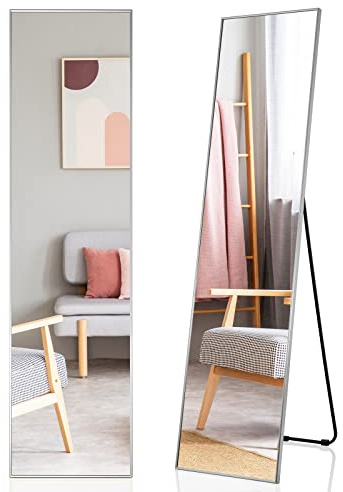 GOPLUS Wandspiegel, 160 x 40 cm Ganzkörperspiegel mit Metallrahmen, rutschfeste Matte, Standspiegel für Schlafzimmer, Eingangsbereich & Bekleidungsgeschäft (Silber)