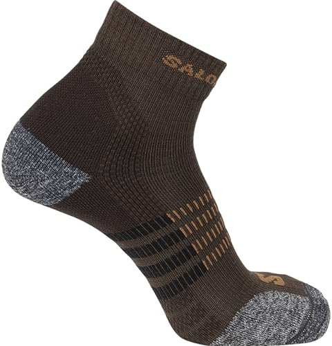 SALOMON Elevation Quarter Calcetines Trail Running Senderismo MTB, Unisexo, Regulación de la temperatura, Amortiguación, Ajuste óptimo, Marrón. / Negro/Naranja, 5 ½ - 7