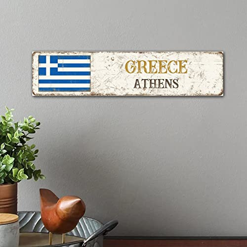 Benutzerdefiniertes Holzschild Nationalflagge Personalisiertes Schild 10,2 x 45,7 cm Griechenland Hauptstadt Athen Holzschild rustikale Bauernhaus Holzschilder Holzwand Tischschild Wohnzimmer Schild