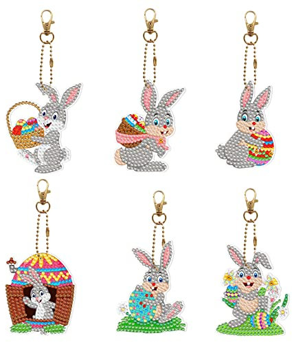 MWOOT 6 Stück 5D Diamond Art Painting Anhänger Set Ostern Kinder Mädchen Hase Ostereier DIY Keychains Doppelseitig Schlüsselanhänger für Handtasche Dekoration