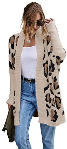 HEYPORK Damen Herbst Winter Warm Bequem Jacke Casual Mode übergangsjacke Mantel Frauen Strickjacke Jacke Persönlichkeit Mode Leopardenmuster Gestrickt Pullover(Khaki, M)