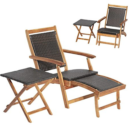 Multigot Rattan Sun Lounger, Folding Leisure Armchair with Retractable Footstool, Outdoor Wooden Deck Chair for Patio Balcony Yard Garden (with Wicker Side Table, Brown)