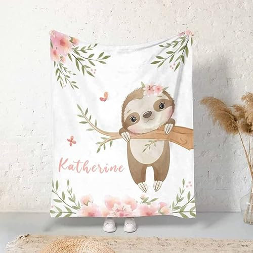 ZQYMM Personalisierte Babydecke mit Namen oder Wunschtext Kinderdecke Namensdecke Tier Elefant Faultier Individuelle Baby Decke für Geburtstag, Geschenke