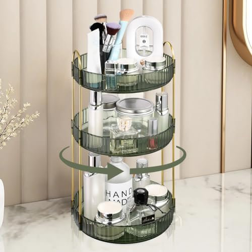 URAQT Make up Organizer, 3 Etagen 360° Drehbar Kosmetik Organizer, Multifunktionale Schmink Organizer mit Großer Kapazität, Kosmetik Organizers für Dresser, Badezimmer, Schlafzimmer (Grün)