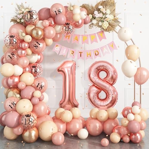 18th Birthday Decorations for Girls,Rose Gold 18th Birthday Balloon Arch Garland Kit With Happy 18th Birthday Number 18 Foil Balloons,Happy Birthday Banner for 18th Birthday Party Decoration