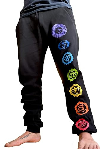 Yoga-Hose aus Bio-Baumwolle in schwarz, Unisex mit den 7 Chakren in Regenbogen Farben