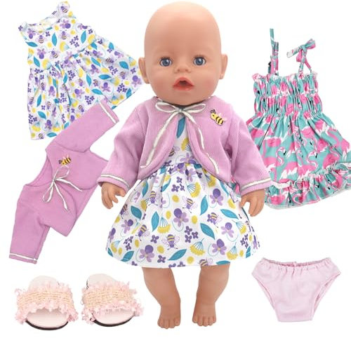 Puppenkleidung für 14-16 Inch Baby Puppen, 2 Sets Sweet Outfits Frack Mantel Hausschuhe Unterwäsche, Puppenkleidung für 43 cm Puppen Mädchen Sommer Geburtstagsgeschenk(Keine Puppe)