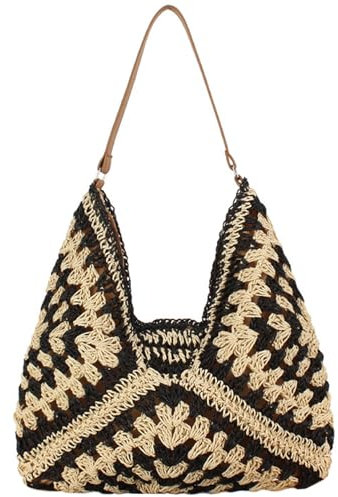 Teeya Stroh-Umhängetasche für Damen, geflochten, rund, Sommer, Strand, Geldbörse und Handtaschen, Schwarz, Medium