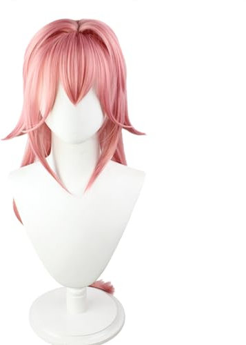 Yae Miko Cosplay-Perücke Rosa graduelle Länge Perücke mit Pony Synthetikhaar für Comic-Con Spiel Charakter Cosplay, sehr weich und glatt, leicht kämmbar
