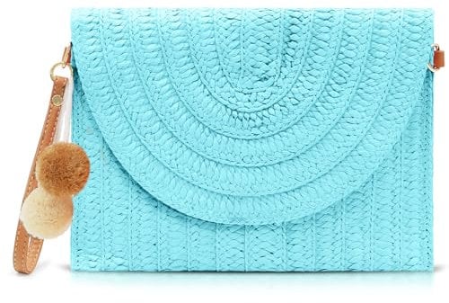 QTKJ Crossbody Bags for Women, Straw Clutch Purses, Bohemian Handmade Woven Envelope Package, Blue