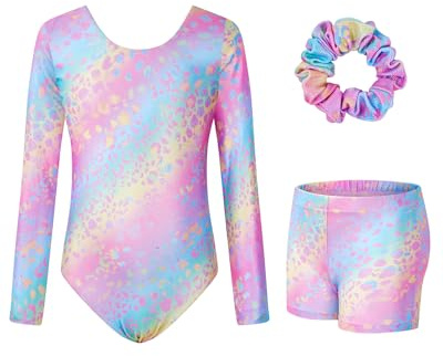 JiAmy Gymnastikanzug Mädchen, Turnanzug Turnshorts Haarband Set Turnanzug Leotard Set für 3-12 Jahre