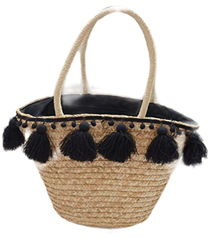 QiaoJun Korbtasche,Korbtaschen Damen Mode Quaste Handtasche Stroh Tasche Frauen Strand gewebt Tasche Tote Fransen Strand Gewebt Schulter Reisetasche(Black)