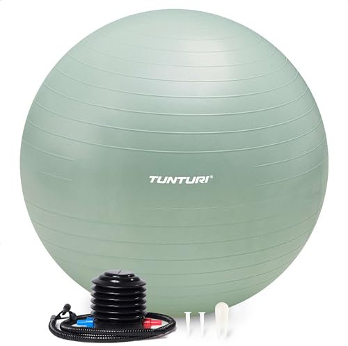 Tunturi Anti Burst Fitness Ball avec Pompe - Ballon de Yoga de 90 cm - Ballon de Pilates - Ballon de Grossesse – Poids utilisateur de 220 kg - INCL Application d'entraînement – Menthe