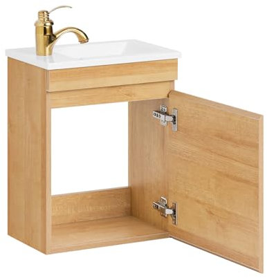 SoBuy Meuble Suspendu pour Lavabo Armoire de Salle de Bain avec Lavabo Meuble Salle de Bain avec Vasque Ensemble de Lavabo en céramique Meuble Lave-Mains, Couleur Bois, 41x25x52 cm, BZR169-N