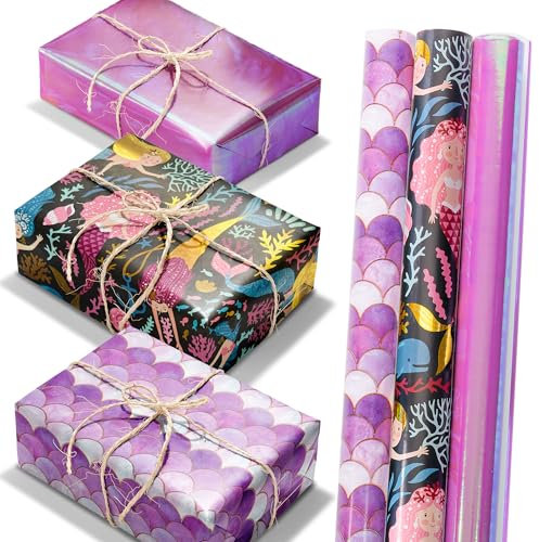 Mädchen Geschenkpapierrollen–3 Rollen 43 x 300 cm Mädchen Geburtstags Verpackungspapier Rolle, Geschenkpapier buntes für Frauen,Jungen,Kinder, Geburtstag, Baby Dusche Ozean