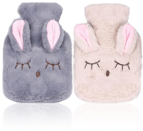 Lot de 2 Bouillotte Eau Chaude, avec Housse Peluche Lapin Mimi Ultra douce, Anti-fuite Sac d'Eau Chaude, Bouillotte Regles Douloureuses pour Chauffe Main/Ventre/Cou (Gris, Beige)