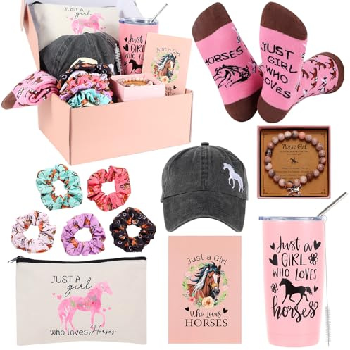 Pferdeliebhaber-Geschenke für Frauen, cooles Geschenk für Pferdeliebhaber, inklusive Pferdebecher, Make-up-Tasche, Baseballmütze, Armband, Haarband, Socken, Karte für Geburtstag, Weihnachten