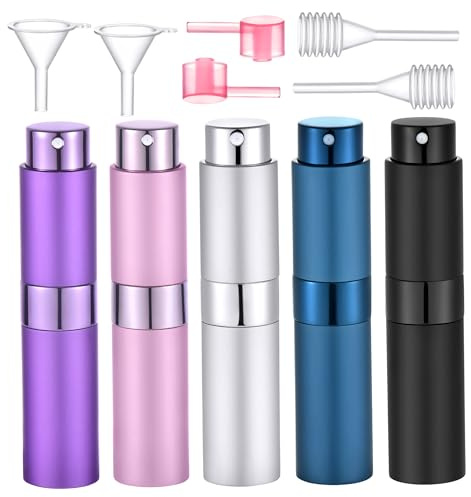Yikimyfo 5 Pcs Travel Perfume Atomizer Refillable, 8ml/0.27oz Portable Mini Cologne Spray Bottle Travel Size Perfume Refill Bottle Fine Mist Atomizer for Travel with Tool