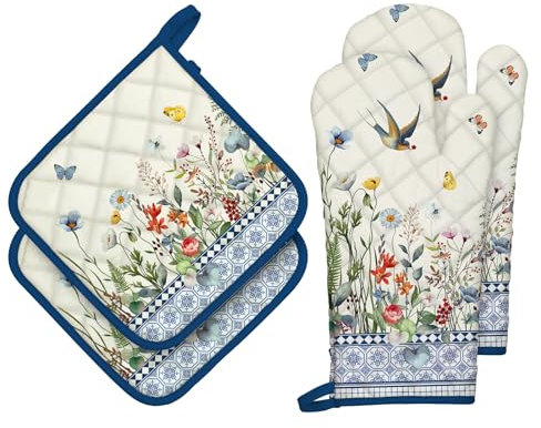 Arquiel Retro Wildflowers Oven Mitts and Pot Holders Sets 4Pcs, 100% Cotton Heat Resistant, Extra Long Oven Gloves Potholder for Kitchen Cooking Baking Housewarming